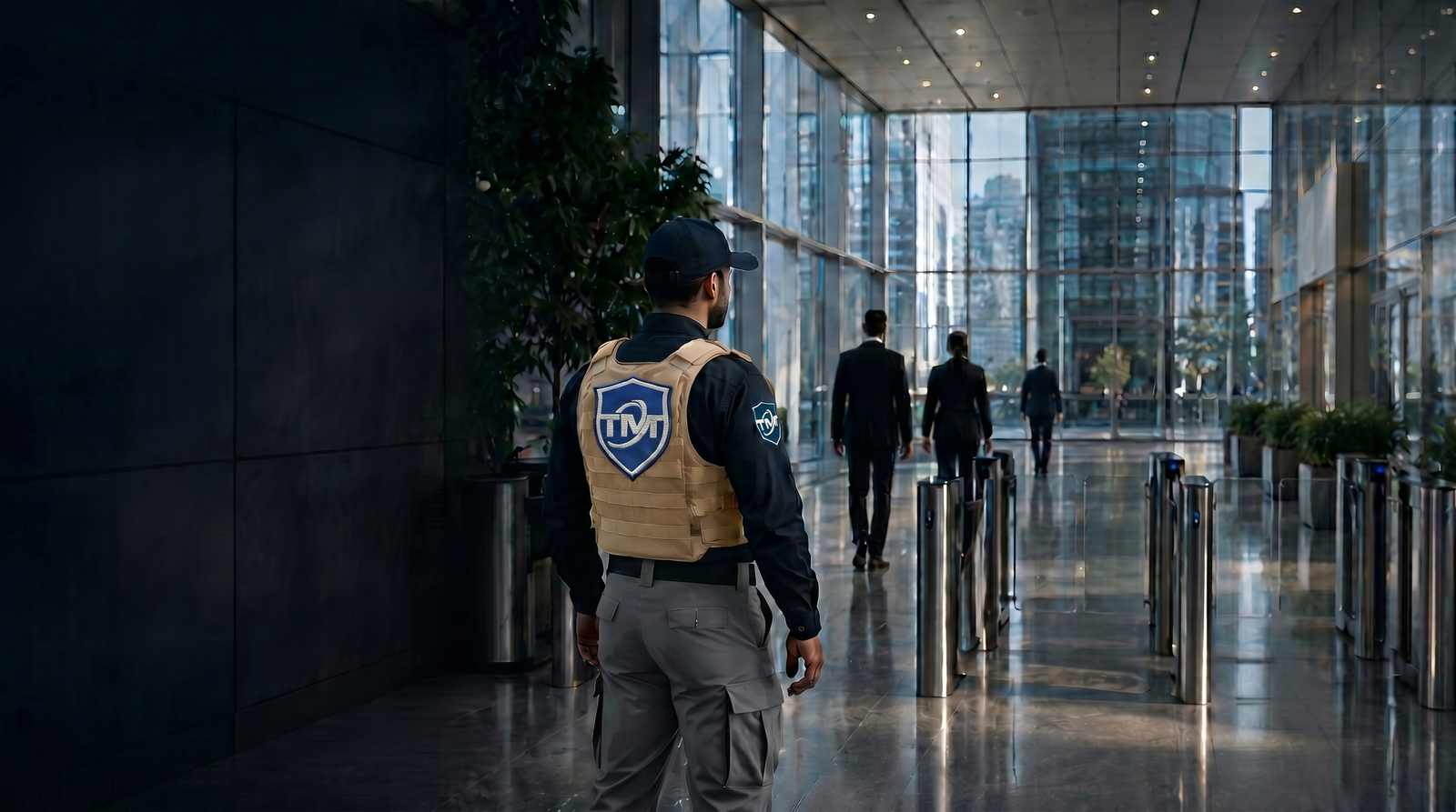 Guardia de seguridad TMT en lobby corporativo